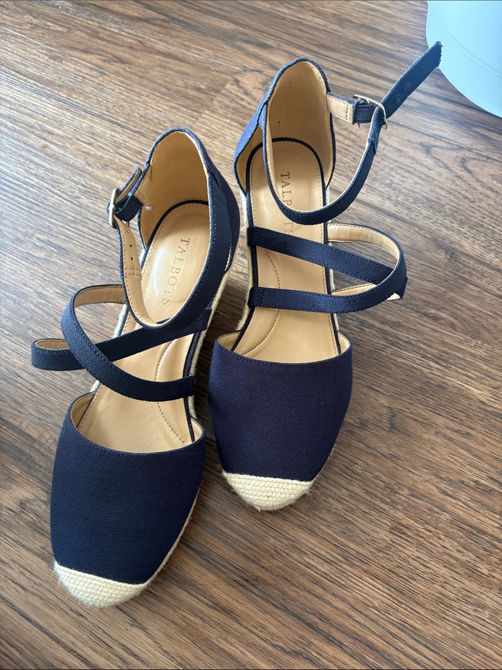 Talbots Navy Canvas Espadrille Wedges with Ankle Straps size 9